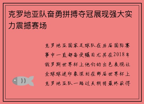 克罗地亚队奋勇拼搏夺冠展现强大实力震撼赛场