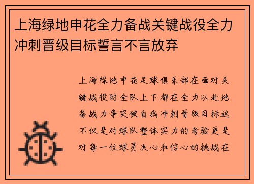 上海绿地申花全力备战关键战役全力冲刺晋级目标誓言不言放弃 上海绿地申花全力备战关键战役全力冲刺晋级目标誓言不言放弃