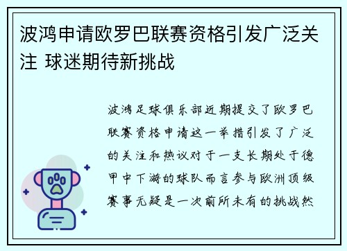波鸿申请欧罗巴联赛资格引发广泛关注 球迷期待新挑战