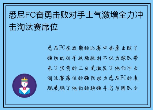 悉尼FC奋勇击败对手士气激增全力冲击淘汰赛席位 悉尼FC奋勇击败对手士气激增全力冲击淘汰赛席位